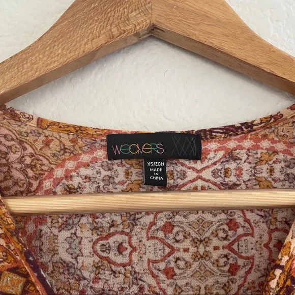 Weavers Mini Dress XS Brown Red Ruffle V-Neck Elastic Waist Festival Boho Summer - Picture 4 of 7